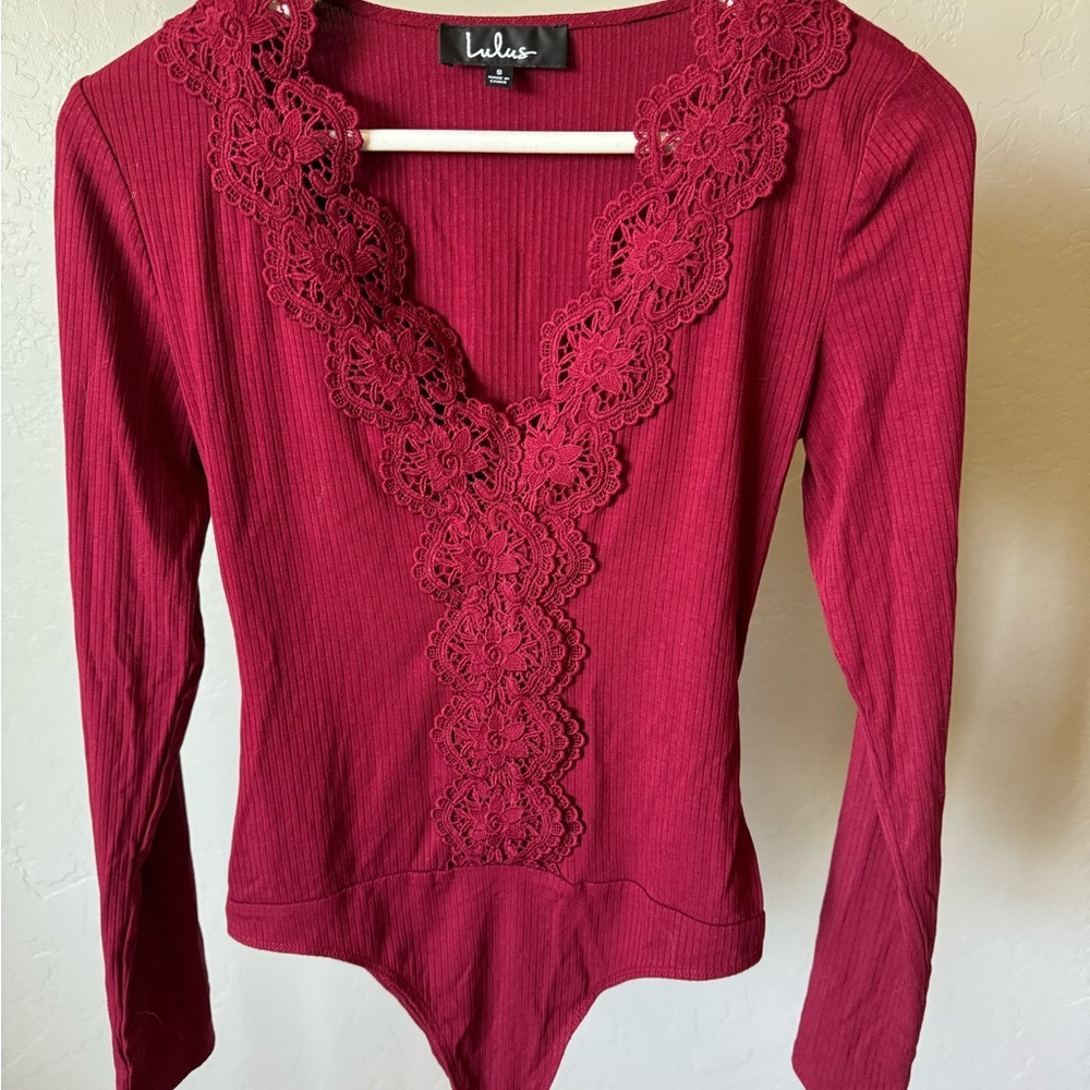 Lulu's Red Fitted Lace Embellished Bodysuit